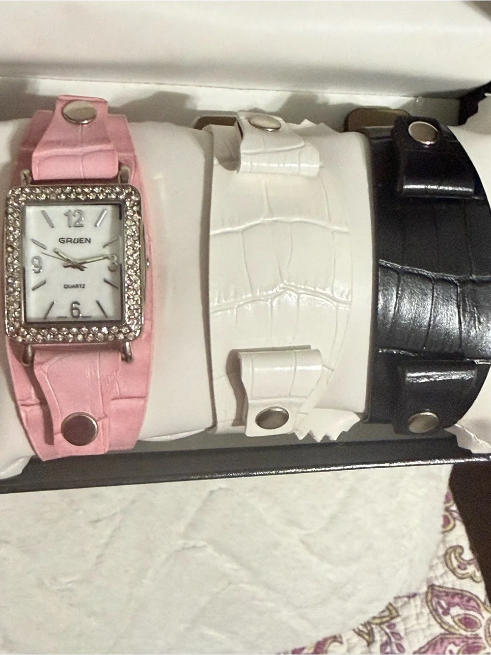 Gruen Women's Pink Crystal Accent Leather Watch with Interchangeable Bands NEW